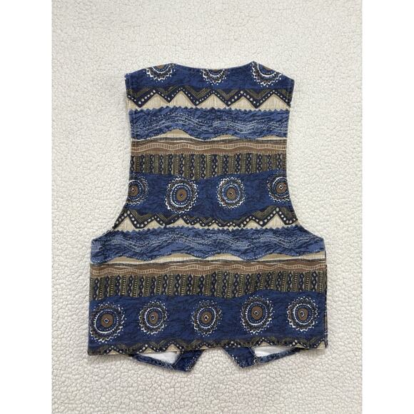 Vintage Aztec Denim Vest Vivaldi Jeanswear USA Made Sz M 100% Cotton Blue Brown - Picture 3 of 5